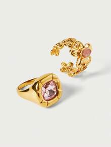 Glisma Cincin Emas 18k Berlapis Emas dengan Motif Bunga, Batu Geometris, Sederhana, Elegan/Mewah/Klasik, Cocok untuk Musim Panas/Pantai/Pesta Dansa/Pesta, Berlapis/Batu Permata/Seksi/Vintage - Yellow Gold - View 3