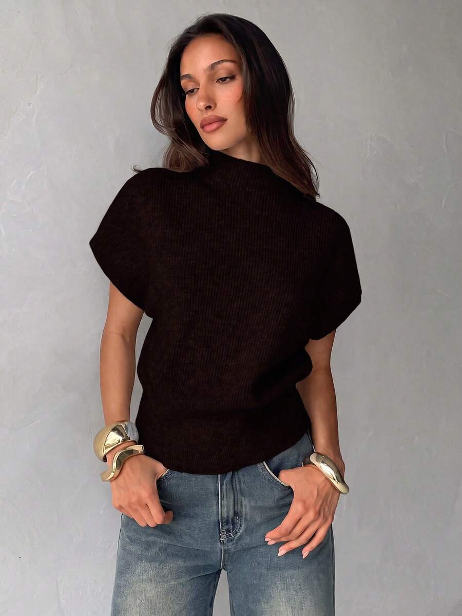 Aloruh Women's Fashion Street Minimalist Knit Top For Daily Wear.Autumn And Winter - Coffee Brown - View 1