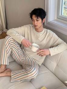 DAZY 男士春秋長袖素色杏色T恤與條紋長褲家居服套裝 - 彩色 - 查看 7