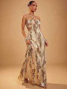 Hauture Front Cut Out Cross Over Halter Open Back Maxi Dress - Multicolor - View 8
