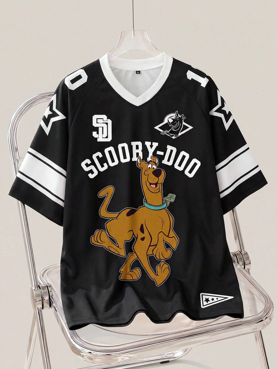 SCOOBY-DOO X SHEIN Men's Plus Size Casual V-Neck Short Sleeve T-Shirt With Letter And Dog Print, Summer - White - View 1