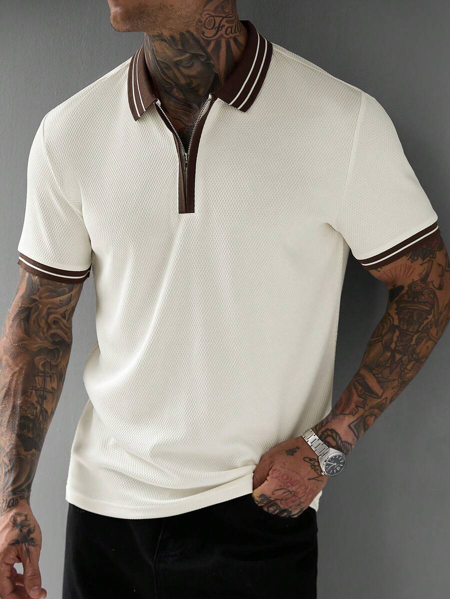 Manfinity CasualCool 男士時尚休閒通勤針織提花短袖 Polo 衫,男士拉鍊 Polo 衫,復古風格,老錢風,適合日常休閒、週末旅行,可作為男友/丈夫禮物、週年/生日禮物、派對、夏季度假、海灘穿著、夏威夷婚禮及春夏穿著 - 杏色 - 查看 1