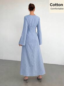 Siren Gaze 女款純色扭結設計前襟金屬扣裝飾喇叭袖長袖洋裝，女款婚禮賓客禮服，女款冬季洋裝 - 藍白色 - 查看 2