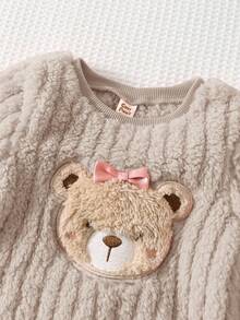 Cozy Pixies Baby Girl Cartoon Bear Pattern Fleece Lined Thick Crew Neck Long Sleeve Pullover Top And Elastic Waist Long Pants 2-Piece Set, Comfortable Versatile Fashionable Daily Cute Bear Pattern Minimalist Basic Style, Suitable For Indoor, Outdoor Skiing, Daily, Sports, Play, Party, Photography, Holiday, Christmas - Apricot - View 4
