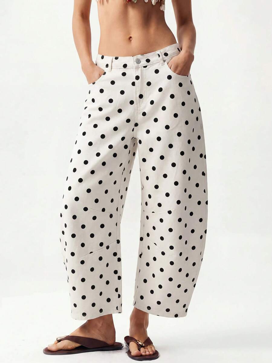 Bohemela Plus Size Women's Polka Dot Pattern Tapered Denim Jeans With Pockets - Multicolor - View 1