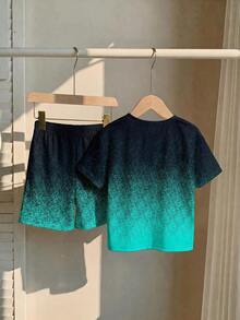 Young Boy Casual Minimalist Cartoon Pattern Short Sleeve T-Shirt & Shorts Loungewear, Suitable For Spring/Summer, Classic Cool Handsome Sports Gradient Pattern Print, Classic Text King Pattern Print, Suitable For Sports, Suitable For Spring/Summer, Slim Fit - Multicolor - View 3