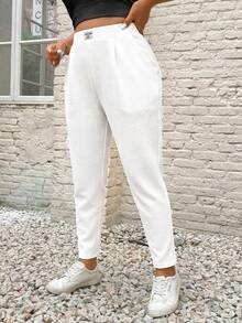 SHEIN PETITE CURVE 大尺碼女款字母印花牛仔口袋休閒百搭長褲 - 白色 - 查看 3