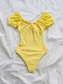 Soleia Women's Plus Size Yellow Puff Short Sleeve Textured Fabric Bodysuit - Yellow - View 2