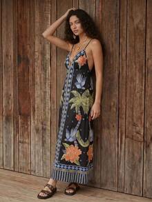 CAJUNI Women's Casual Palm Tree Geometric Pattern Spaghetti Strap Dress For Vacation - Black - View 4
