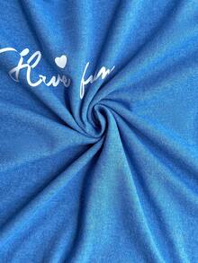 SHEIN Solid Color Have Fun Slogan Print Casual Lounge Pajama Set - Blue - View 6