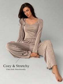 Livesso Women's Solid Color Long Sleeve Open Front Top, Camisole And Pants Loungewear Set Fall - Khaki - View 4