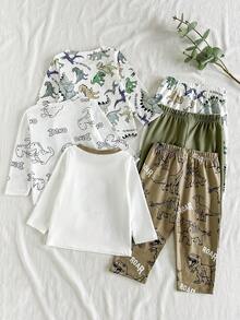 SHEIN 3件組男嬰春秋款白色棕色恐龍印花圓領長袖上衣褲子套裝，家庭款洗禮橄欖綠趣味聰明風 - 彩色 - 查看 4