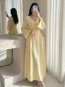 Yasveil 春夏季刺繡繫帶收腰顯瘦優雅時尚女款阿拉伯長裙 - 黃色 - 查看 15