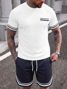 Manfinity CasualCool 男士條紋圓領短袖T恤與短褲休閒套裝 - 彩色 - 查看 3