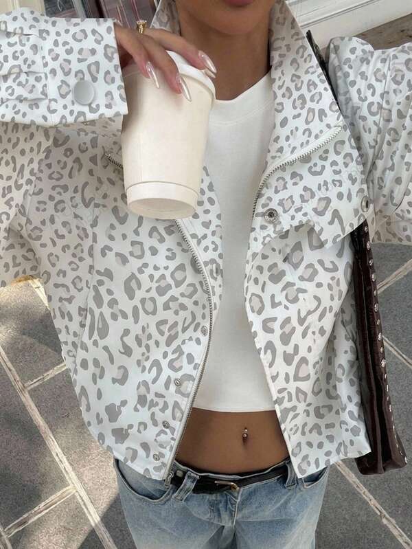 Muchica Women's  Winter Coats  Fashion Leopard Print Zipper Long Sleeve Pocket Jacket Y2k Clothes