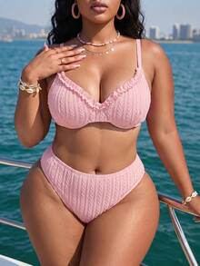Swim Mod Conjunto de 2 piezas de ropa de playa para mujer, nuevo verano 2026, dulce, elegante y lindo, adecuado para vacaciones, playa, fiesta, uso en yate, hecho de tela texturizada, decorado con ribete acolchado, top de sujetador con copa suave ajustable y conjunto de bikini lindo, conjunto de traje de baño de talla grande - Rosa - Ver 4