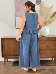 Lounesse Plus Size Ruffle Vest Denim Pants 2 Pieces Set Halloween Waist Wide Leg Capri Denim Loose Casual Denim Matching Outfit Country Vacation Summer Beach - Blue - View 2
