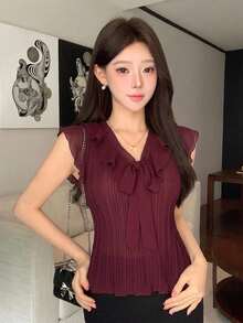 Joudiya Women's Red Short Sleeve Blouse With Ruffle Patchwork And Tie Detail, Elegant Fashion Shirt For Summer Wedding, Banquet, Party, Commute And Evening Wear - Red Violet - View 5