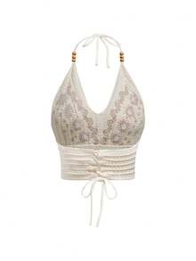 ROMWE Hippie Top de ganchillo de punto de crochet sin espalda con tirantes cruzados bordados para verano - Albaricoque - Ver 2