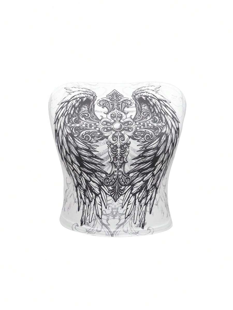 ROMWE Goth Top de corsé gótico Y2K con estampado de alas y cruz para mujer - Blanco - Ver 1