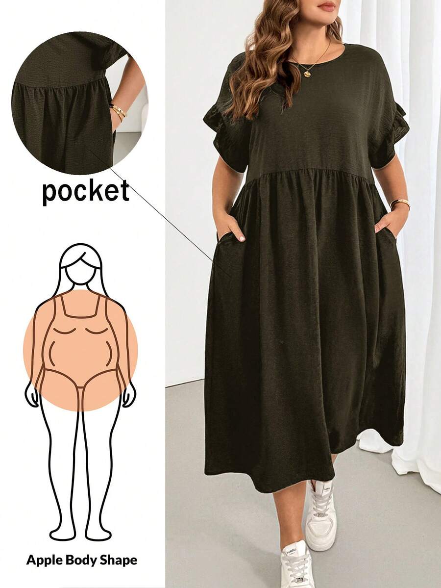 Shapeblank Plus Size Vacation Fashion Round Neck Pleated Pocket Dress For Commuting And Office - Army Green - View 1
