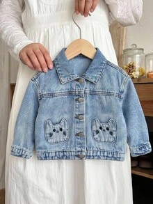 SHEIN 女嬰可愛貓咪造型刺繡口袋藍色牛仔寬鬆長袖夾克 - 中等水洗藍 - 查看 8