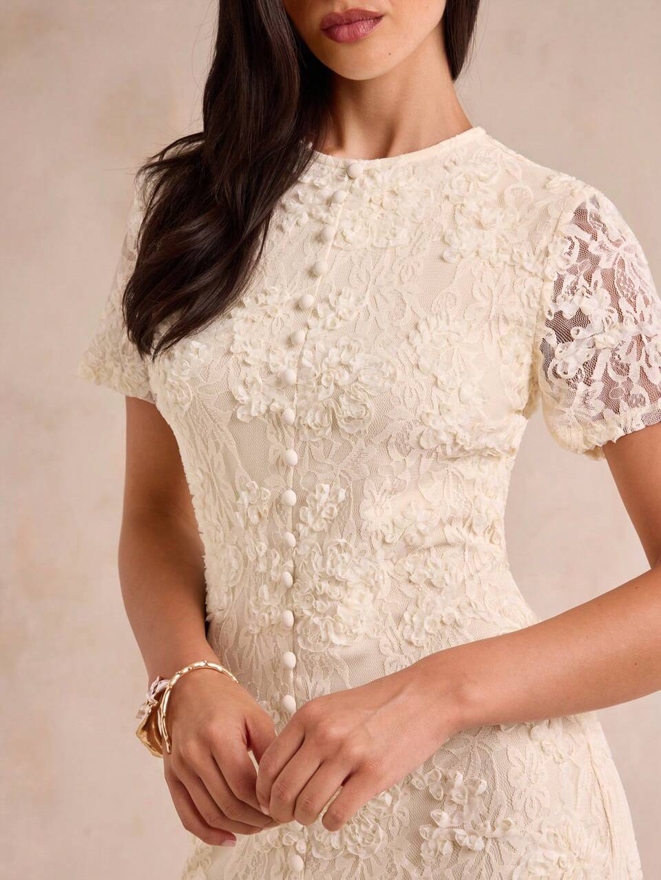 Enchnt Premium Summer Romantic Beaded Women's Elegant Apricot Lace-Spliced Round Neck Short Sleeve Dresses,Casual,Work Dinner Formal Outfits Wedding