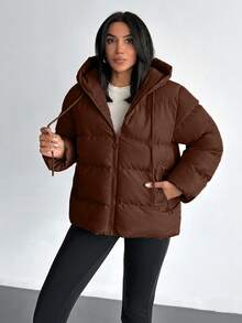 EURMUSE Solid Color, Zip Up, Hooded Winter Coat - Brown - View 6