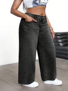 SHEIN PETITE CURVE 女款大尺碼藍色牛仔不對稱腰線寬鬆長褲 秋季 - 黑色 - 查看 7