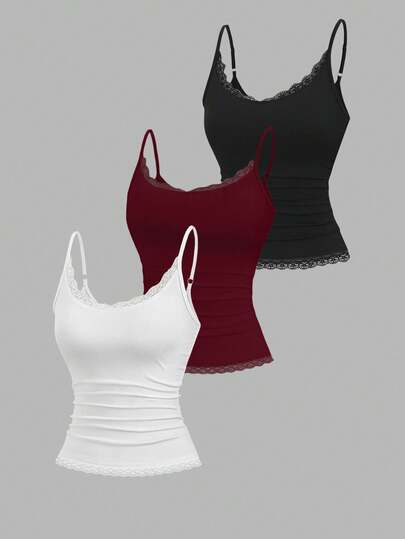 Sweetra Women's Solid Color Contrast Lace Fashion Camisole Everyday House White Burgundy Black Summer Sexy Casual