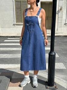 Rivivi Plus Size Women's Casual Everyday Denim Overall Dress With Pockets - Dark Wash - View 3