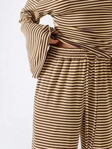 LYSMO Women's Striped Asymmetrical Shoulder Long Sleeve Top And Pants Casual Daily 2 Pieces Set - Light Yellow - View 6