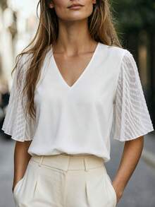 EMERY ROSE Loose Fit Mesh Contrast V-Neck Shirt - White - View 1