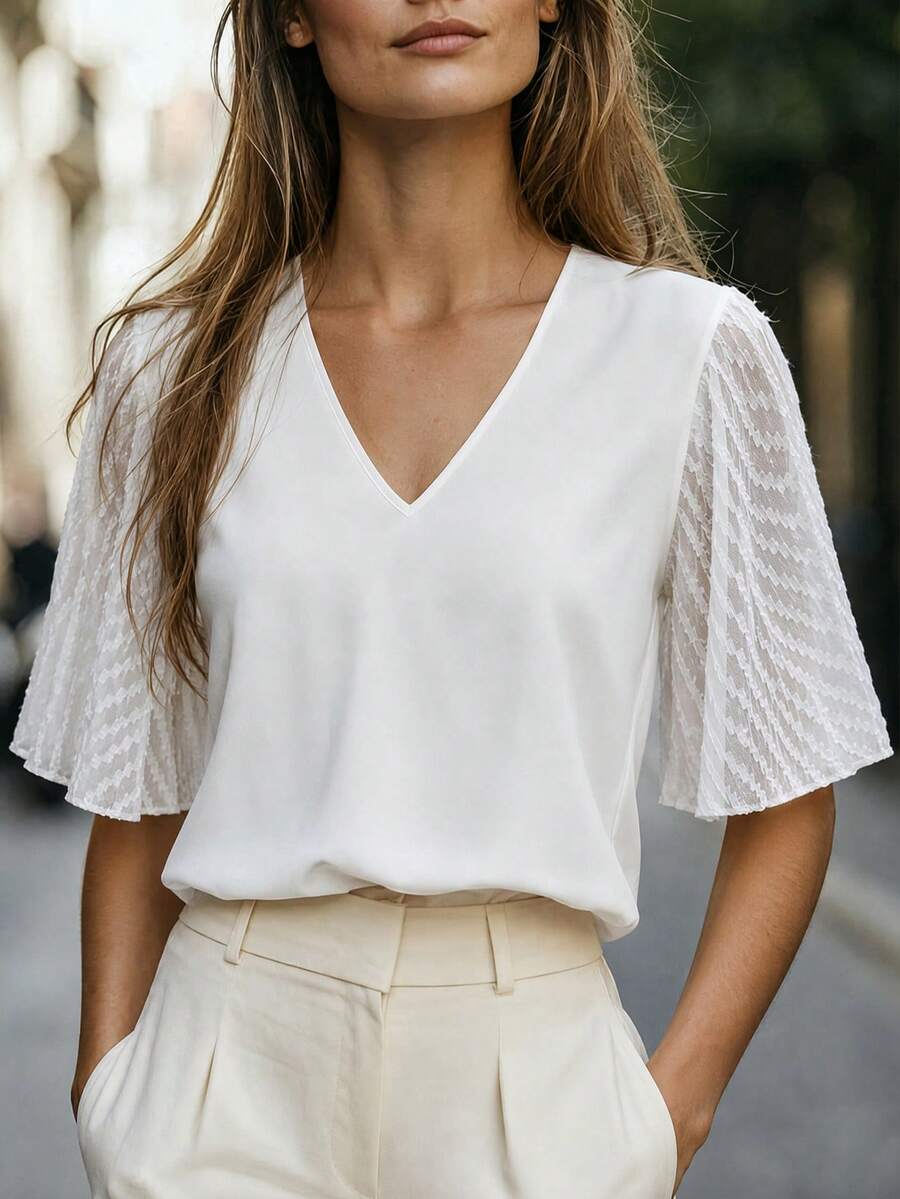 EMERY ROSE Loose Fit Mesh Contrast V-Neck Shirt - White - View 1