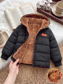 SHEIN Kleine Jungen Winter Langarm Kapuzen Lässig Vielseitig Thermisch Gefüttert Gepolsterter Mantel, Perfekt für Outdoor-Reisen, Bietet Ausreichend Wärmeschutz, Modischer und Praktischer Stil, Gewährleistet Wärme und Stil bei Winterabenteuern - Schwarz - Übersicht 2