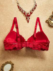 PinupPomp 1pc Women's Lace Padded Underwire Bra With Wide Straps, Lift And Support For Small Bust - Red - View 2
