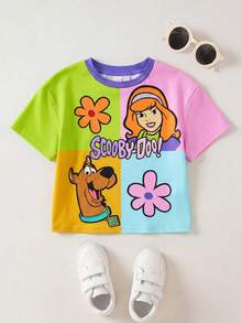 SCOOBY-DOO X SHEIN Young Girl Cartoon Puppy & Flower Print Colorblock Short Sleeve T-Shirt - Multicolor - View 1