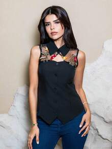 Hindelle Women Casual 3D Rose Mesh Patchwork Blouse (Random Floral Print), Summer Black - Black - View 4