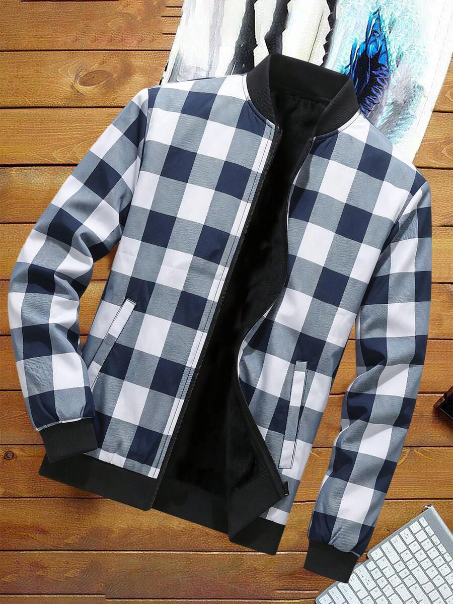 Manfinity Homme Men's Fashionable Checkerboard Print Long Sleeve Jacket With Pockets - Multicolor - View 1