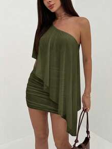 Aloruh Women's Solid Color One Shoulder Short Sleeve Ruched Fashion Mini Dress For Vacation - Army Green - View 7