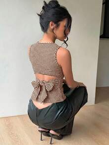 Aloruh 女款格紋休閒百搭日常穿著襯衫 - 棕色 - 查看 2