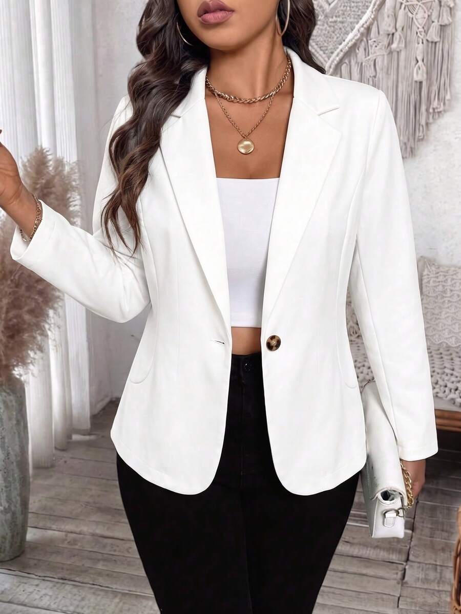 EMERY ROSE Women's Plus Size Solid Color Minimalist Fashion Casual Daily Blazer Jacket, Autumn Clothing Fall - White - View 1