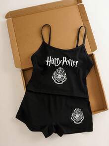 HARRY POTTER X SHEIN Collaboration 2-Piece Underwear Set, Camisole + Boxer Briefs, Print - Black - View 8