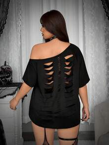 Whyspr Plus Size Women's Black Casual Punk Bold Avant-Garde Sexy Asymmetric Neck Distressed Back Hollow Lace Patchwork T-Shirt Regular Slanted Shoulder T-Shirt Black T-Shirt Lace T-Shirt Punk Casual T-Shirt Spring Summer T-Shirt Slanted Shoulder T-Shirt Autumn T-Shirt Suitable For Halloween T-Shirt Music Festival T-Shirt Holiday T-Shirt All Season - Black - View 2