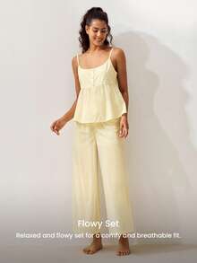 LUVLETTE Soft Airy Women's Yellow Summer Sweet Two-Piece Set - Double-Layered Ruffles & Polka Dots Adorable Breezy Home Wear - Yellow - View 8
