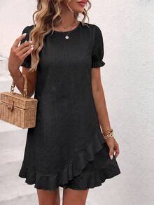 EMERY ROSE Summer New French Style Embroidered Eyelet Black Dress For Women, Puff Sleeve Round Neck Loose Fit Ruffle Asymmetrical Hem A-Line Babydoll Dress - Black - View 5
