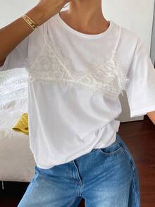 DAZY 女款蕾絲拼接二合一休閒日常長袖T恤 - 白色 - 查看 6