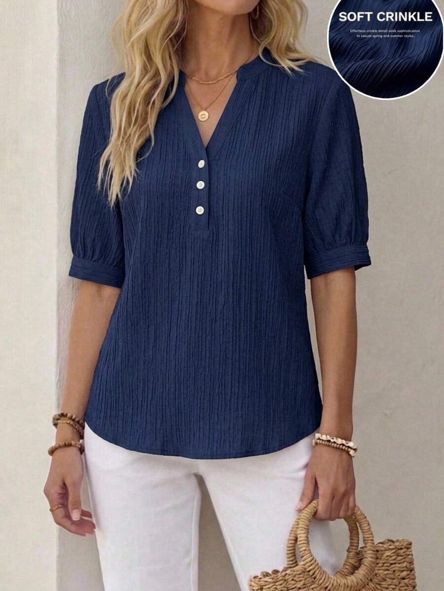 EMERY ROSE Women's Textured Fabric Blue Shirt, Versatile For Work, Commuting, Casual, Teacher, Back To School Season - Blue - View 1