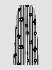 Vintage Black & White Contrast Striped Floral Print, Teen Girls Hooded Sweatshirt & Loose Straight Leg Sweatpants 2-Piece Set, Suitable For Daily Commute, Date, Party, Autumn/Winter/Spring/Summer, Beach, Graduation Ceremony, Fashion, Elegant, Casual, Outing, Appointment, Vacation, Y2K - Multicolor - View 7