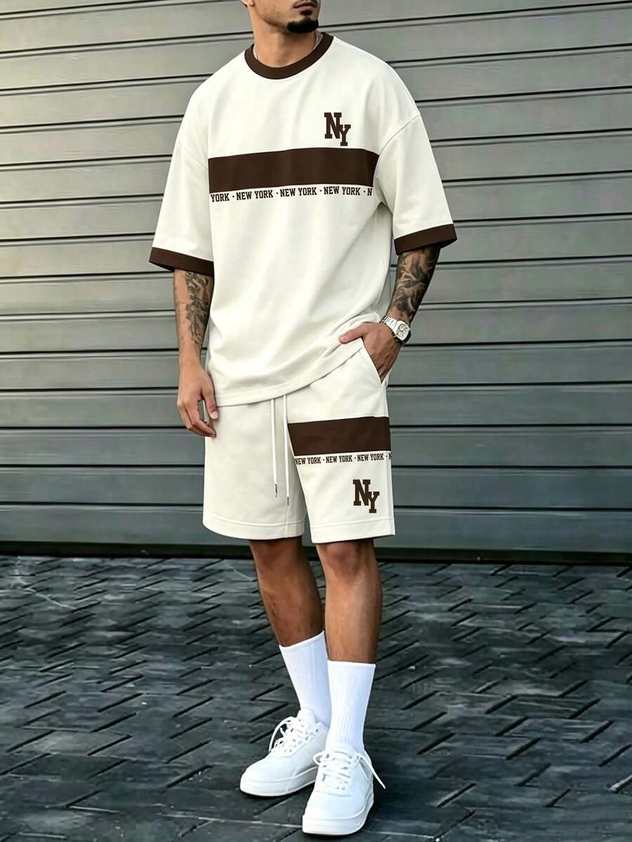 Manfinity Homme 男士字母印花拼色休閒日常T恤短褲套裝 - 彩色 - 查看 1